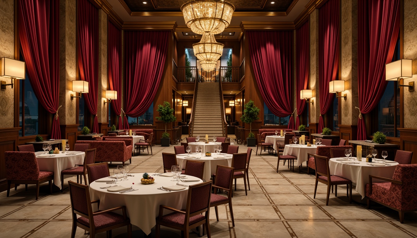 Prompt: Luxurious dining hall, rich wood paneling, velvet drapes, ornate chandeliers, marble flooring, metallic accents, plush furniture, natural stone walls, grand staircase, high ceilings, dramatic lighting, warm color palette, soft shadows, 1/1 composition, shallow depth of field, realistic textures, ambient occlusion.