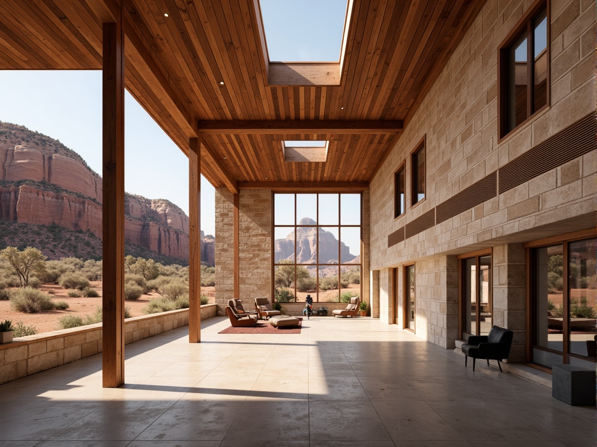 Prompt: Canyon-inspired building, rugged stone fa\u00e7ade, earthy tones, natural light pouring in, large windows, clerestory windows, skylights, open floor plans, minimalist interior design, industrial-style lighting fixtures, exposed ductwork, polished concrete floors, wooden accents, desert landscape views, red rock formations, vast open spaces, warm sunny day, soft diffused lighting, high contrast ratio, 1/1 composition, realistic textures, ambient occlusion.