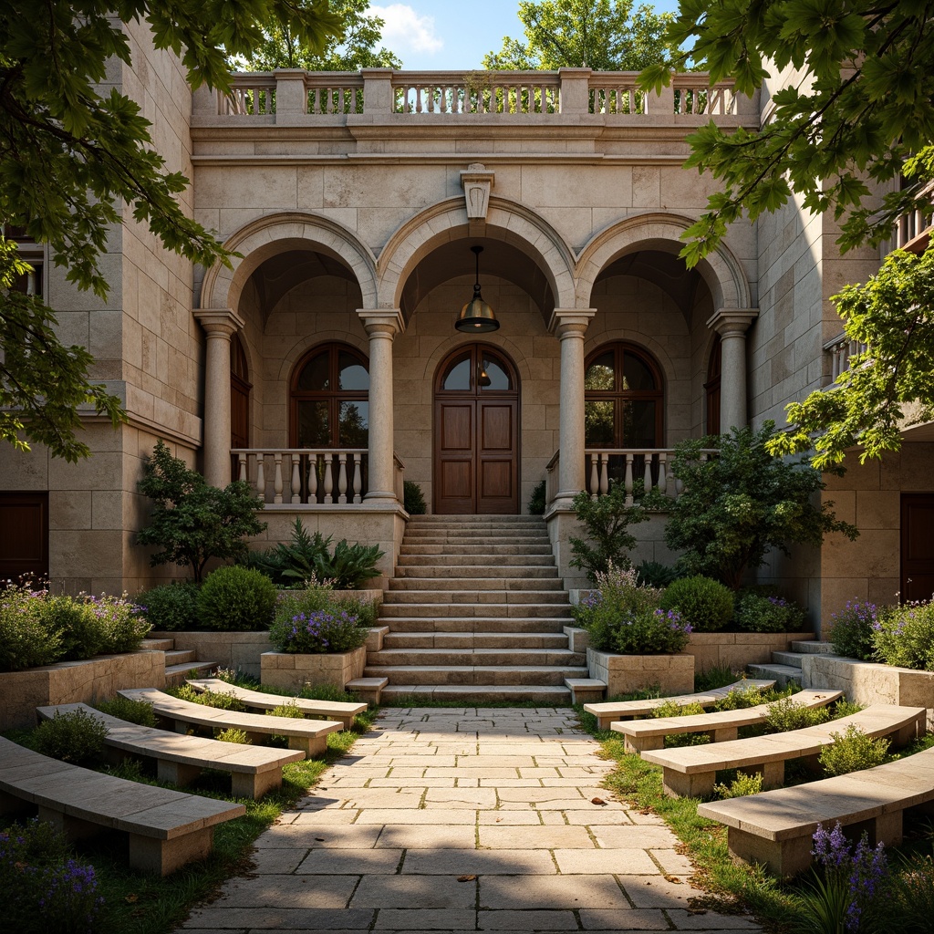 Prompt: Rustic stone amphitheater, Romanesque arches, ornate carvings, grand entrance gates, weathered stone walls, moss-covered steps, lush greenery, vibrant flowers, natural stone seating, curved rows of benches, dramatic spotlights, warm golden lighting, shallow depth of field, 1/2 composition, symmetrical framing, realistic textures, ambient occlusion.