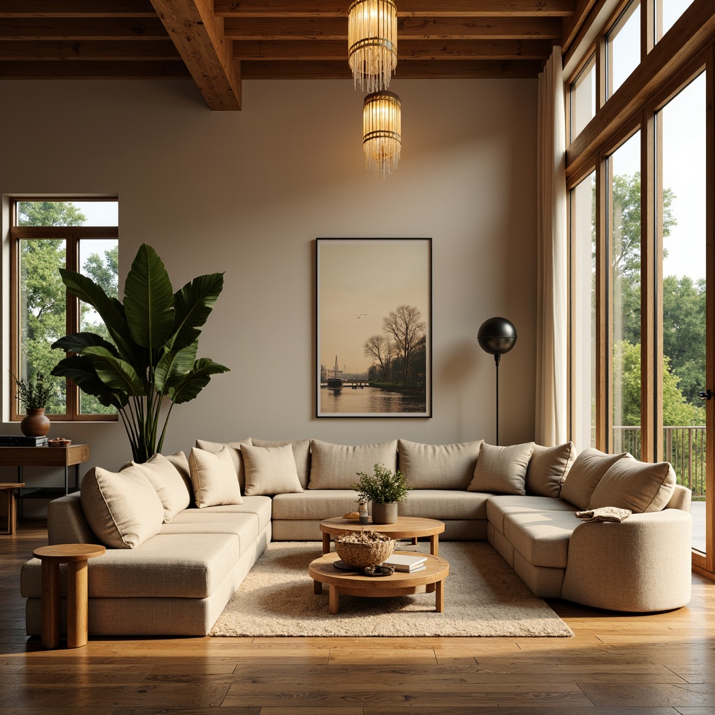 Prompt: Cozy living room, plush sofas, warm beige walls, rich wood flooring, soft golden lighting, comfortable throw pillows, modern minimalist decor, large windows, natural daylight, lush greenery views, elegant chandeliers, sophisticated color palette, calming atmosphere, shallow depth of field, 1/1 composition, realistic textures, ambient occlusion.