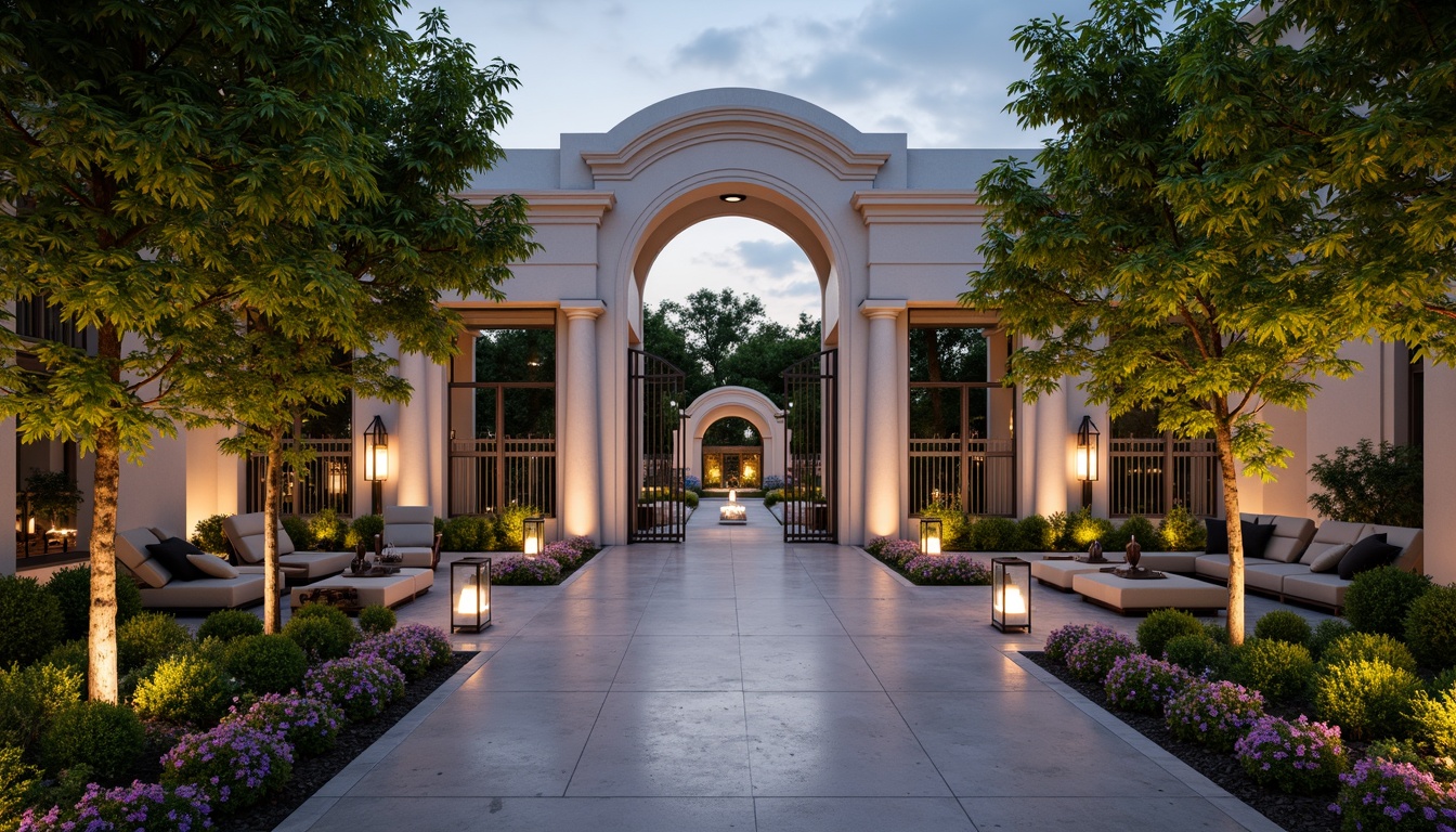 Prompt: Grand entrance gates, elegant archways, inviting pathways, lush greenery, vibrant flowers, modern lanterns, warm lighting, comfortable seating areas, stylish planters, decorative fountains, spacious porches, classic columns, ornate doorways, luxurious materials, sophisticated color schemes, shallow depth of field, 1/1 composition, realistic textures, ambient occlusion.