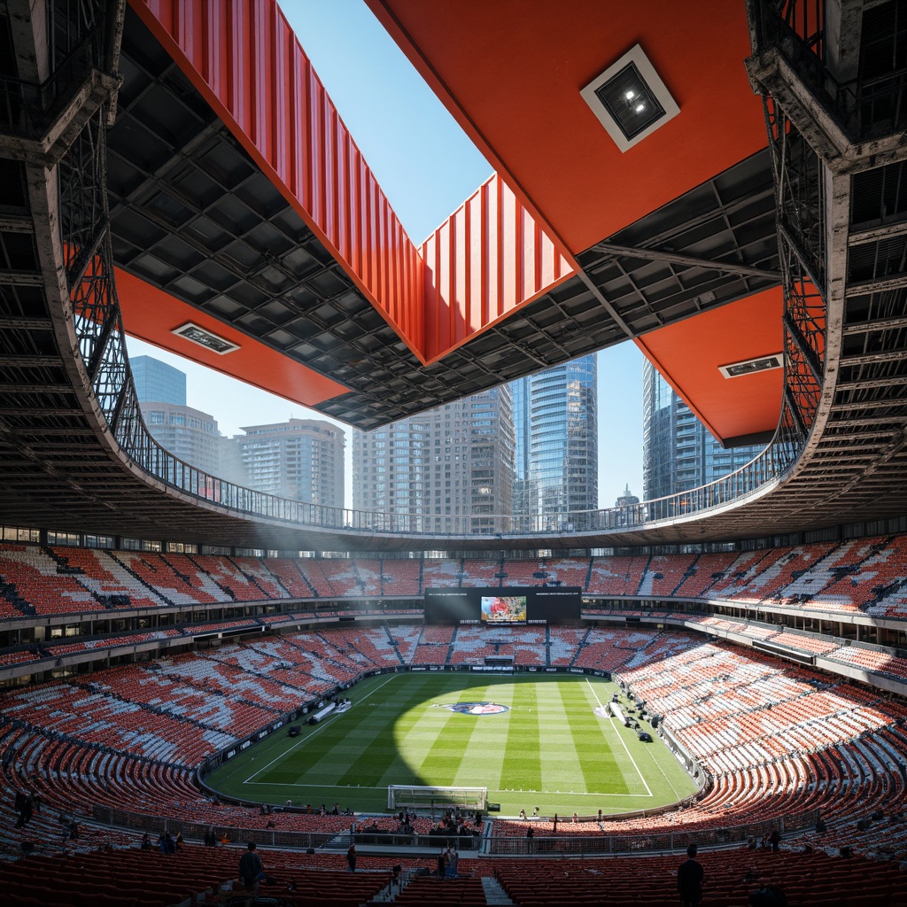 Prompt: Futuristic football stadium interior, constructivist architecture, dynamic angular lines, bold geometric shapes, vibrant primary colors, industrial metal beams, exposed ductwork, polished concrete floors, tiered seating areas, dramatic overhead lighting, abstract patterned textiles, avant-garde sculptures, urban cityscape views, atmospheric misting systems, 1/1 composition, high-contrast lighting, realistic metallic reflections.