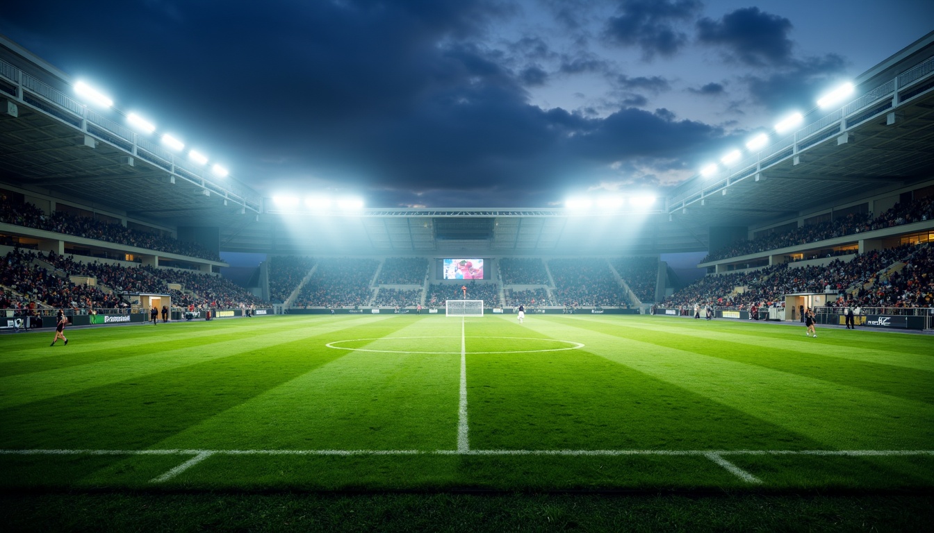 Prompt: Floodlit soccer stadium, vibrant green grass, evening atmosphere, dramatic shadows, high-intensity LED lights, uniform illumination, 3000K warm white tone, glare-free lighting, spectator seating areas, player tunnels, goalposts, scoreboards, giant video screens, dynamic light shows, pre-game entertainment, halftime performances, nighttime events, atmospheric fog effects, misty ambiance, shallow depth of field, 1/2 composition, wide-angle lens, realistic textures, ambient occlusion.