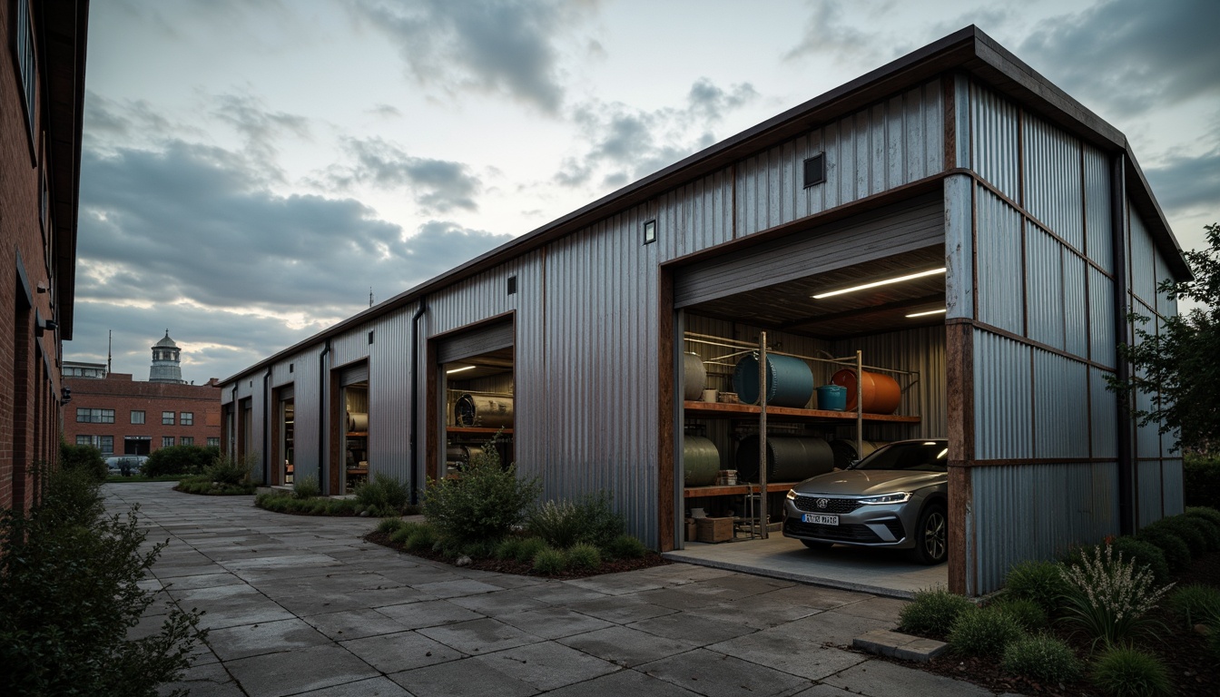 Prompt: Industrial warehouse, galvanized steel structure, corrugated metal sheets, rustic aesthetic, distressed finishes, urban landscape, cloudy sky, dramatic lighting, high contrast, shallow depth of field, 1/2 composition, realistic textures, ambient occlusion.