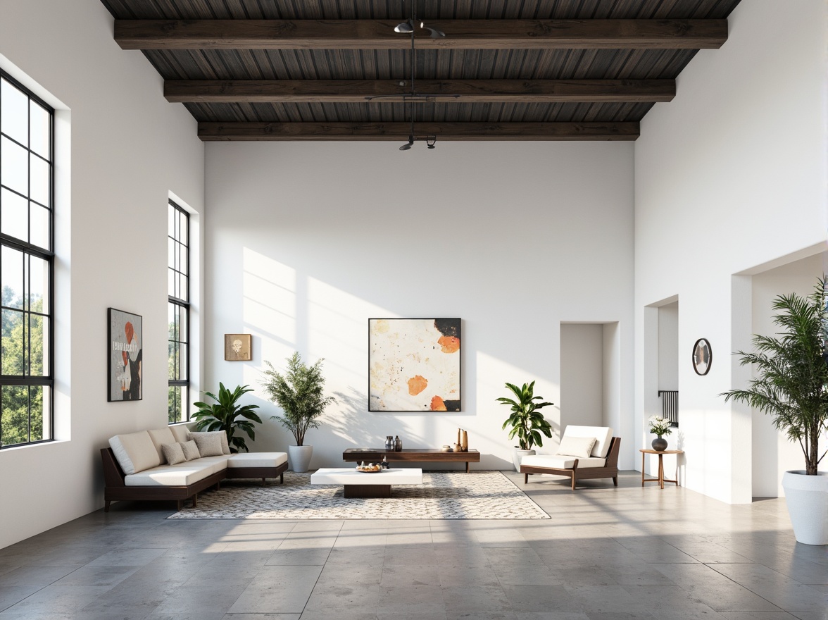 Prompt: Simple white walls, clean lines, minimal ornamentation, functional furniture, industrial materials, steel beams, concrete floors, large windows, natural light, open spaces, geometric shapes, primary color accents, bold typography, abstract artwork, sparse decor, empty space, dramatic shadows, high contrast lighting, 1/1 composition, symmetrical framing, realistic textures, subtle ambient occlusion.