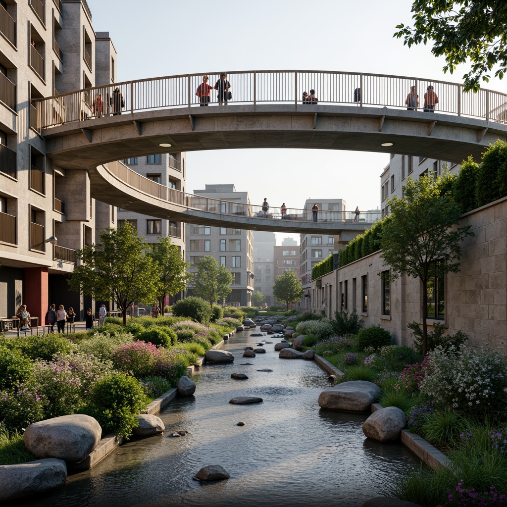 Prompt: Curved pedestrian bridge, postmodern architecture, vibrant urban landscape, lush greenery, blooming flowers, meandering water features, natural stone walls, steel cable railings, wooden decking, modern streetlights, eclectic mix of materials, bold color schemes, playful geometric shapes, dynamic lighting effects, misty morning atmosphere, shallow depth of field, 1/2 composition, realistic textures, ambient occlusion.