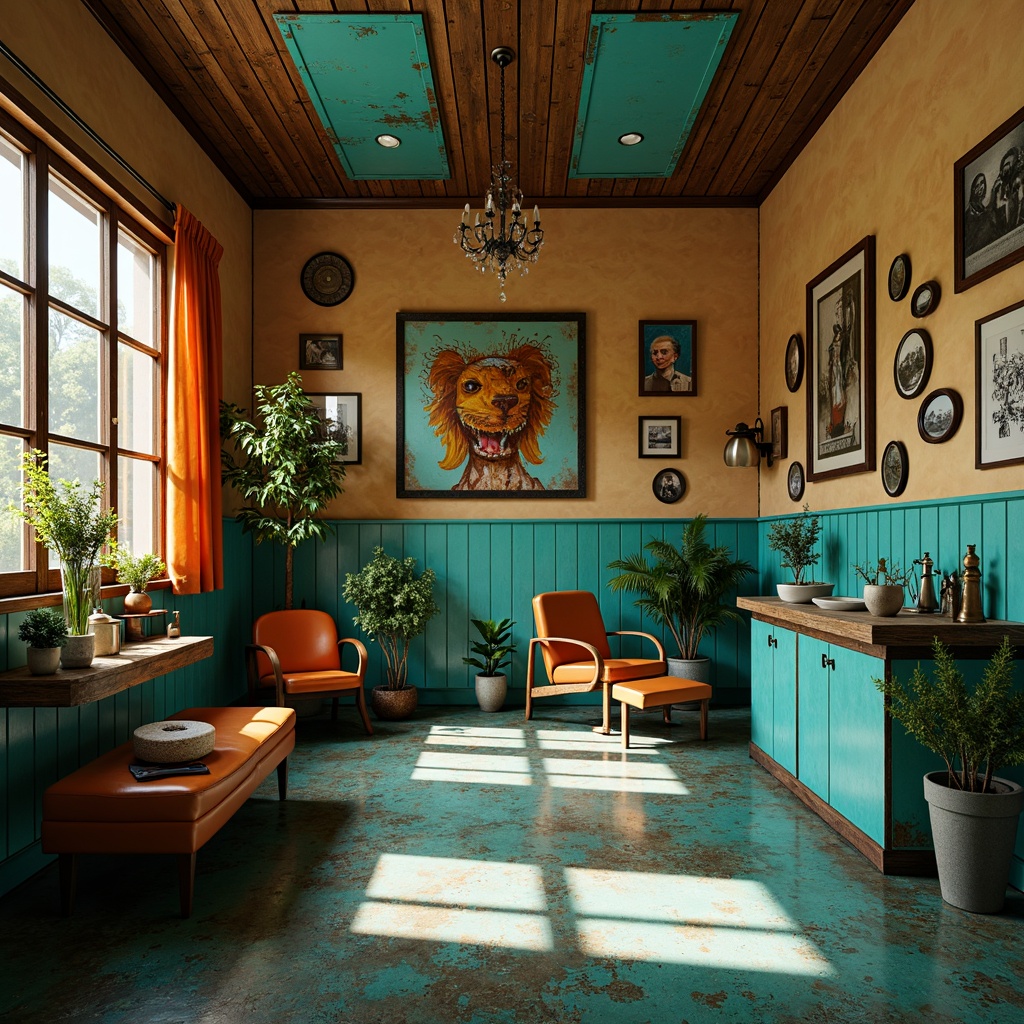 Prompt: Vibrant clinic, bold turquoise accents, warm beige walls, rich wood tones, eclectic art pieces, ornate metal fixtures, distressed finishes, abstract patterns, moody lighting, dramatic shadows, cinematic composition, 1/2 camera angle, high contrast ratio, gritty textures, ambient occlusion.