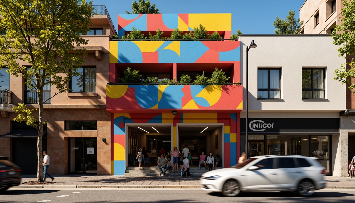 Prompt: Vibrant storefront, expressive asymmetrical facade, bold geometric shapes, bright primary colors, abstract patterns, dynamic angular lines, irregular forms, eclectic mix of materials, industrial metal accents, reclaimed wood textures, urban cityscape, bustling streets, pedestrian traffic, morning sunlight, high-contrast shadows, dramatic spotlighting, 1/2 composition, low-angle shot, gritty realistic rendering.