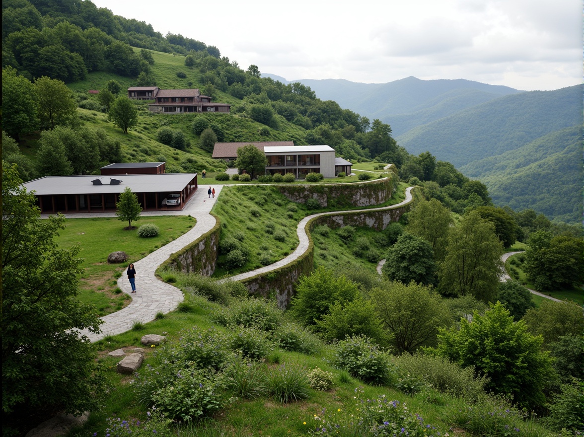 Prompt: Rustic hillside, lush green vegetation, winding stone pathways, modernist Bauhaus buildings, flat roofs, rectangular forms, industrial materials, steel frames, large windows, minimalist decor, functional design, harmonious integration, natural surroundings, rolling hills, serene atmosphere, soft diffused lighting, shallow depth of field, 2/3 composition, panoramic view, realistic textures, ambient occlusion.