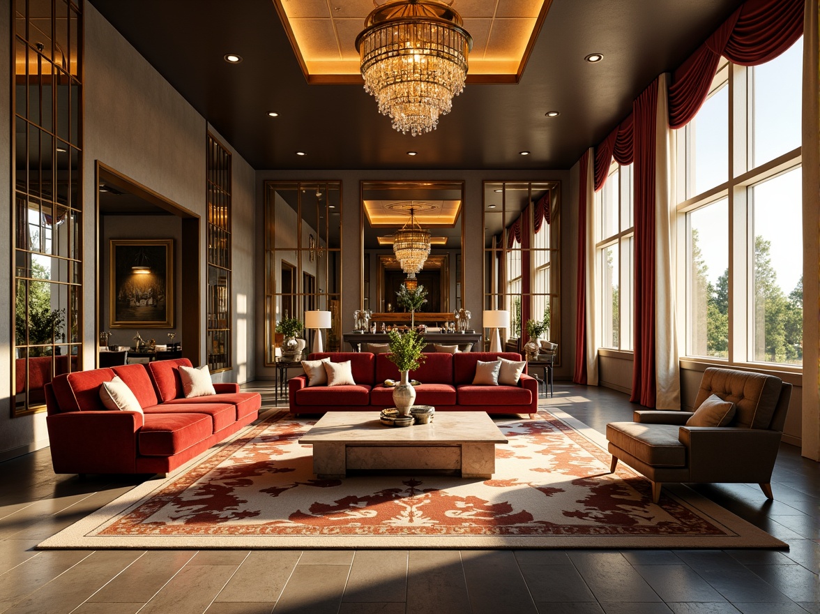 Prompt: Luxurious modern living room, Art Deco inspired furniture, metallic accents, geometric patterns, ornate mirrors, velvet sofas, marble coffee tables, crystal chandeliers, bold color schemes, opulent textiles, lavish drapery, sunlit windows, high ceilings, sleek lines, minimalist decor, sophisticated ambiance, warm golden lighting, shallow depth of field, 1/1 composition, realistic reflections, ambient occlusion.