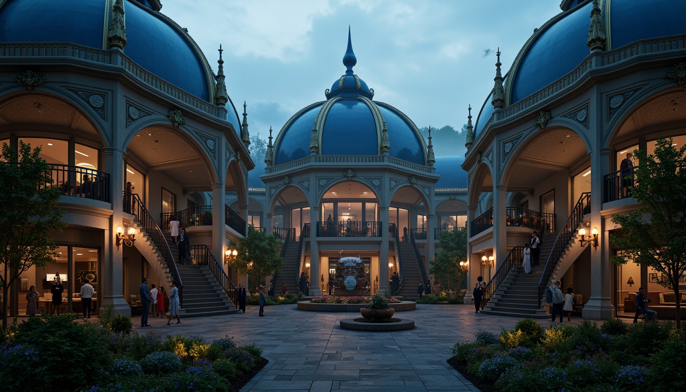 Prompt: Majestic navy blue domes, ornate golden accents, soft warm candlelight, intricate stone carvings, grand staircases, lavish chandeliers, rich velvet drapes, antique furniture pieces, mysterious secret gardens, whimsical ironwork, mystical foggy atmosphere, dramatic cloudy skies, 1/1 composition, low-key lighting, cinematic mood, nostalgic ambiance.