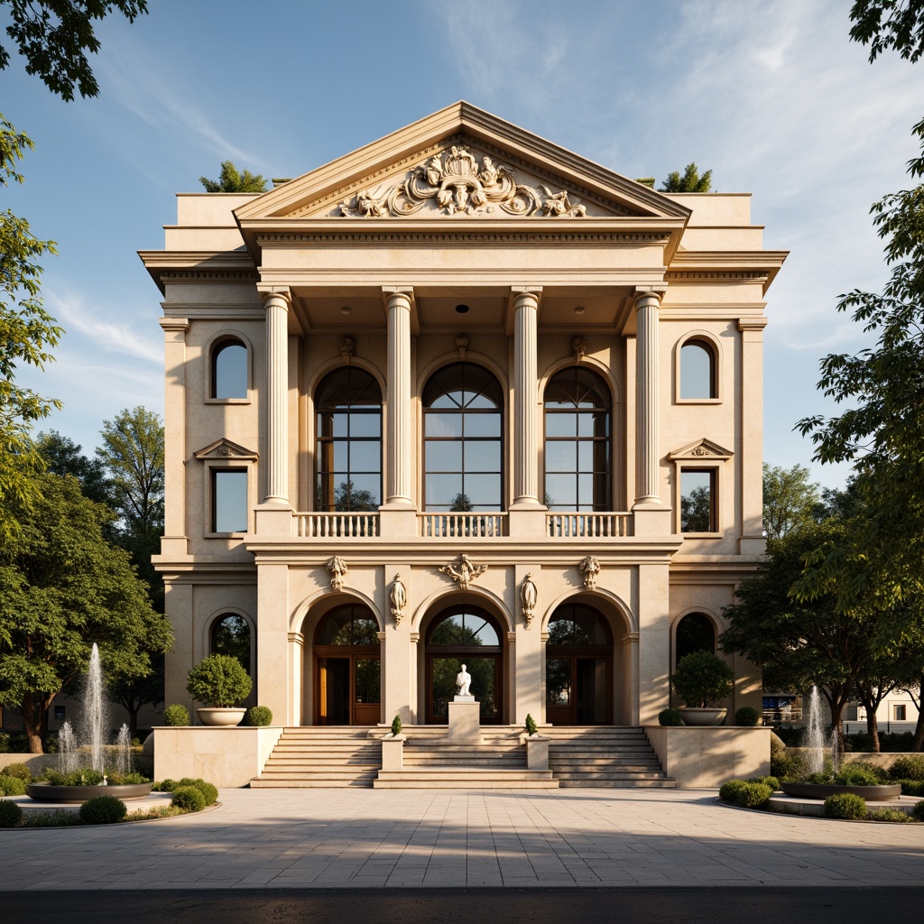 Prompt: Grand museum facade, Renaissance Revival architecture, ornate stone carvings, classical columns, arched windows, grand entrance, sweeping staircases, intricate moldings, gilded details, warm beige stone, soft natural light, subtle shadows, 1/1 composition, symmetrical balance, realistic textures, ambient occlusion, cultural heritage atmosphere, elegant landscaping, manicured lawns, ornamental fountains.