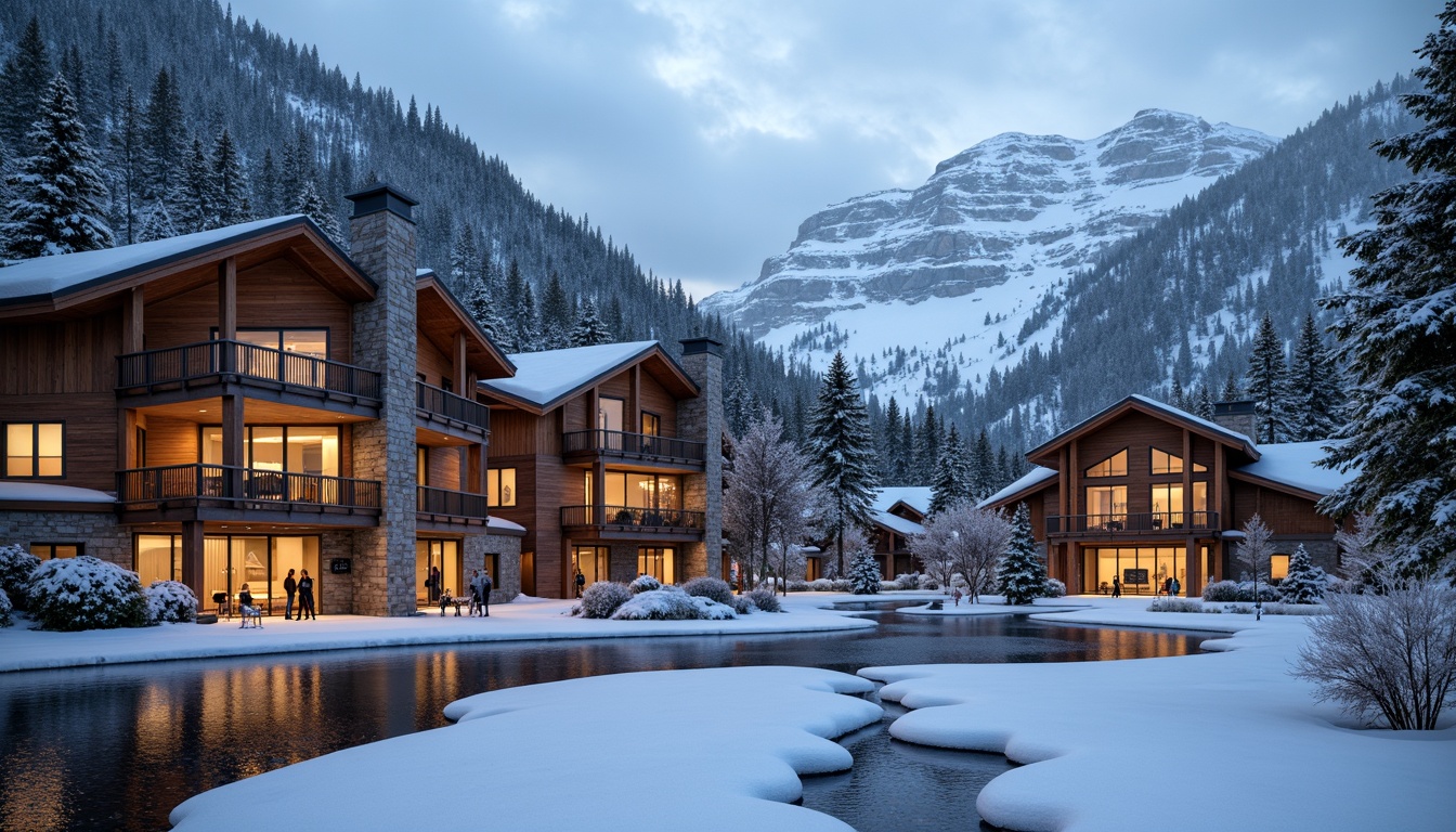 Prompt: Snow-capped mountains, wooden ski lodges, rustic stone walls, warm fireplaces, cozy interior lighting, natural wood textures, rough-hewn timber beams, metal roofing, snowflake patterns, frosty glass surfaces, icy blue tones, powdery snowdrifts, frozen lakes, misty mountain air, soft warm lighting, shallow depth of field, 3/4 composition, panoramic view, realistic textures, ambient occlusion.