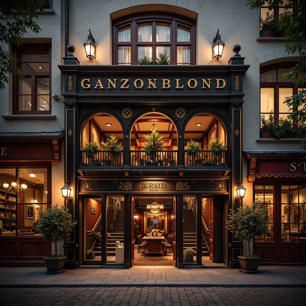 Prompt: Grand pub facade, ornate stonework, intricate carvings, rustic wooden doors, stained glass windows, vintage metal lanterns, ornamental roof tiles, curved archways, grand staircases, luxurious chandeliers, rich wood paneling, plush furnishings, warm ambient lighting, shallow depth of field, 1/1 composition, realistic textures, ambient occlusion.