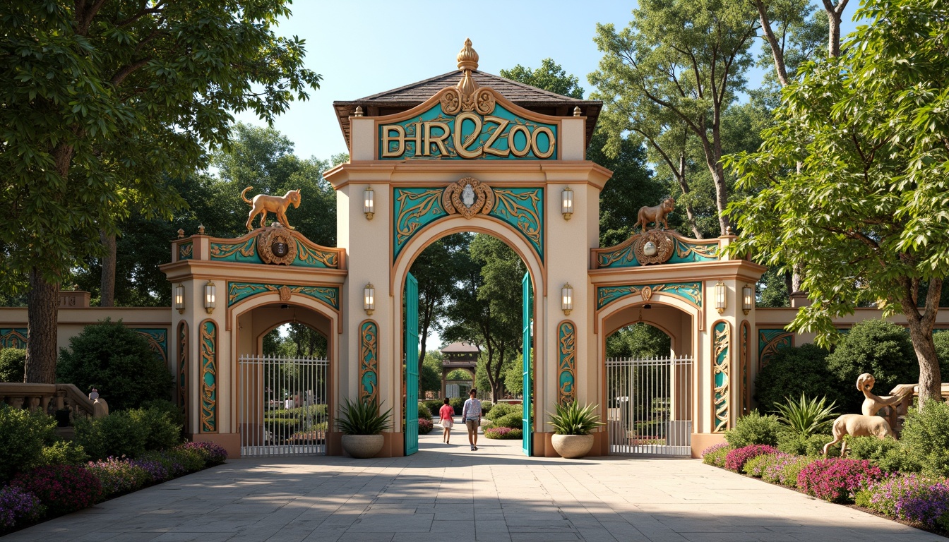 Prompt: Vibrant zoo entrance, ornate iron gates, lush greenery, exotic animal sculptures, bold geometric patterns, bright turquoise accents, warm beige stone walls, rich wood tones, metallic gold details, stylized floral motifs, curved lines, opulent chandeliers, grand staircases, lavish fountains, sunny day, soft warm lighting, shallow depth of field, 1/1 composition, realistic textures, ambient occlusion.