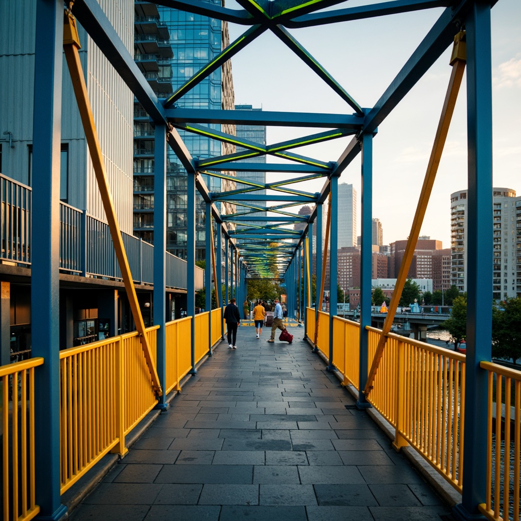 Prompt: Vibrant pedestrian bridge, bold color blocking, bright yellow railings, deep blue accents, neon green highlights, sleek metal beams, industrial textures, urban cityscape, bustling streets, modern skyscrapers, abstract geometric patterns, dynamic lighting effects, warm sunset ambiance, shallow depth of field, 1/1 composition, realistic reflections, ambient occlusion.