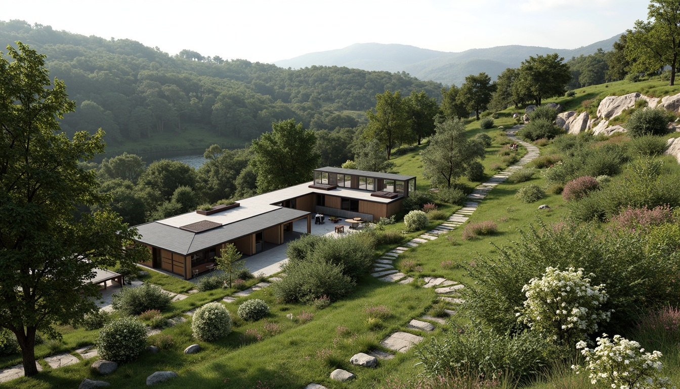 Prompt: Rustic hillside, lush green vegetation, winding stone pathways, modernist Bauhaus buildings, flat roofs, rectangular forms, industrial materials, steel frames, large windows, minimalist decor, functional design, harmonious integration, natural surroundings, rolling hills, serene atmosphere, soft diffused lighting, shallow depth of field, 2/3 composition, panoramic view, realistic textures, ambient occlusion.