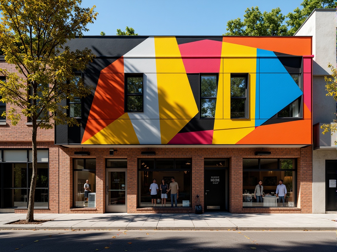 Prompt: Vibrant storefront, expressive asymmetrical facade, bold geometric shapes, bright primary colors, abstract patterns, dynamic angular lines, irregular forms, eclectic mix of materials, industrial metal accents, reclaimed wood textures, urban cityscape, bustling streets, pedestrian traffic, morning sunlight, high-contrast shadows, dramatic spotlighting, 1/2 composition, low-angle shot, gritty realistic rendering.