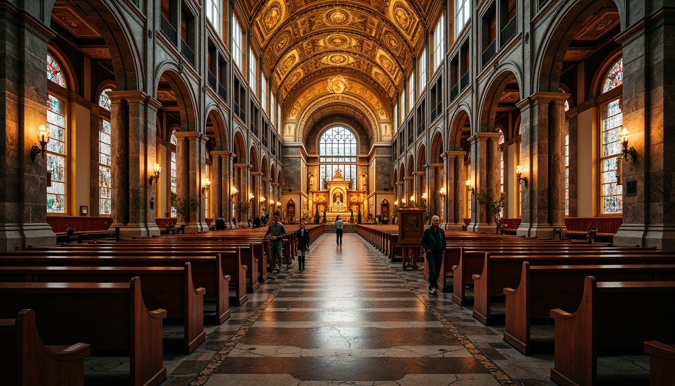 Prompt: Intricate stone carvings, ornate golden decorations, grandiose cathedral architecture, lavish fresco ceilings, dramatic lighting effects, richly textured marble floors, intricate wooden furnishings, ornamental plasterwork, vivid stained glass windows, majestic altar designs, solemn religious ambiance, warm candlelight illumination, shallow depth of field, 1/2 composition, symmetrical framing, high contrast ratio, realistic material textures, ambient occlusion.