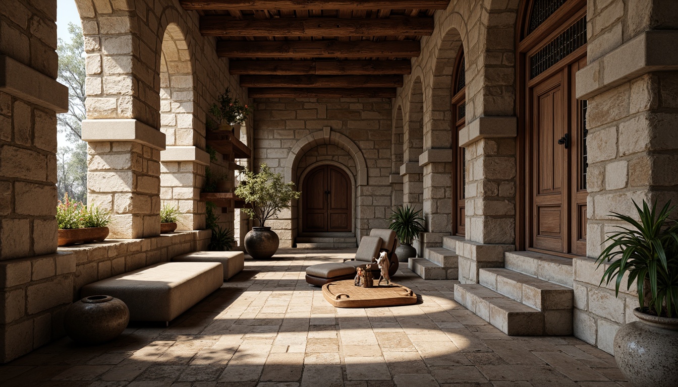 Prompt: Rustic stone walls, weathered wooden planks, rough-hewn concrete columns, tactile brick facades, ornate metalwork details, intricate stonework patterns, natural rock formations, earthy tones, organic shapes, curved lines, asymmetrical compositions, warm ambient lighting, soft shadows, high-contrast textures, realistic material renderings, detailed normal maps, subtle bump mapping, cinematic camera angles, dramatic depth of field.