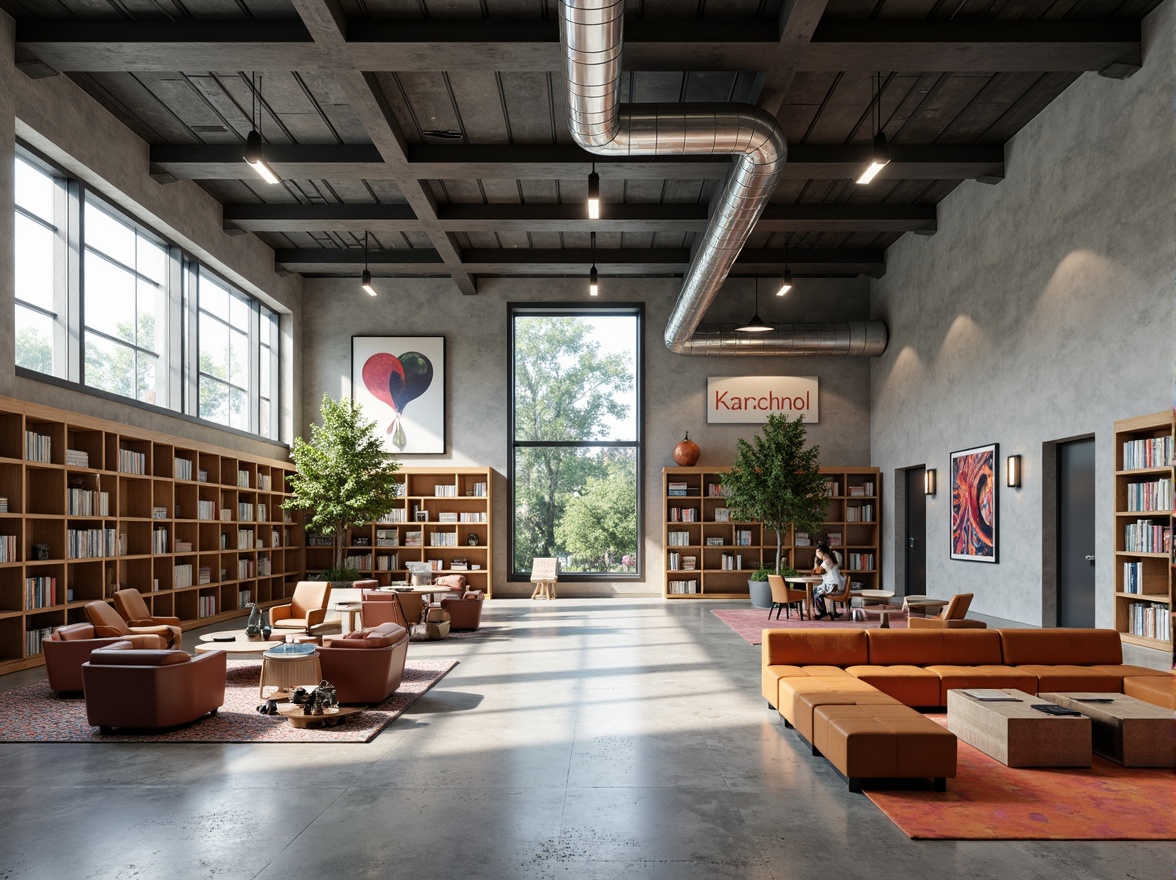 Prompt: Minimalist library interior, industrial chic aesthetic, exposed ductwork, polished concrete floors, steel beams, functional shelving units, geometric furniture, leather armchairs, wooden tables, metal lamps, natural light pouring in, large windows, open floor plan, flexible reading areas, cozy nooks, vibrant color accents, graphic textiles, abstract artwork, modern typography, 1/1 composition, softbox lighting, shallow depth of field, realistic textures.