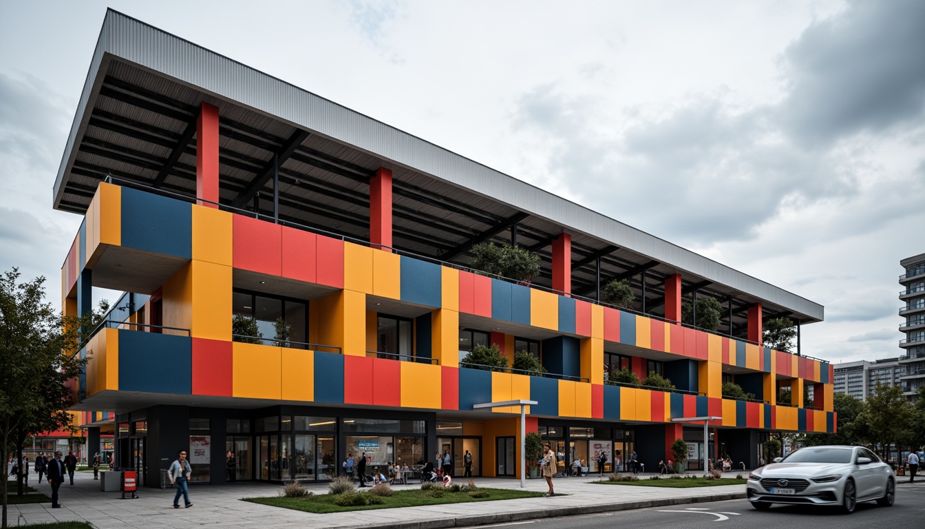 Prompt: Geometric stadium facade, bold primary colors, industrial materials, exposed steel beams, cantilevered roofs, asymmetrical compositions, functionalist aesthetics, minimalist ornamentation, rectangular forms, clean lines, brutalist influences, urban landscape, cloudy sky, dramatic lighting, high-contrast shadows, 1/2 composition, low-angle shot, realistic renderings, ambient occlusion.