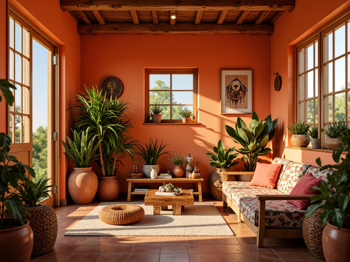 Prompt: Vibrant tangerine hues, warm golden lighting, rustic wooden accents, earthy terracotta pots, lush green foliage, whimsical floral patterns, distressed vintage textures, eclectic bohemian decor, cozy intimate spaces, natural woven fibers, soft creamy whites, rich walnut browns, bold coral pinks, sunny afternoon ambiance, shallow depth of field, 1/1 composition, realistic renderings, ambient occlusion.