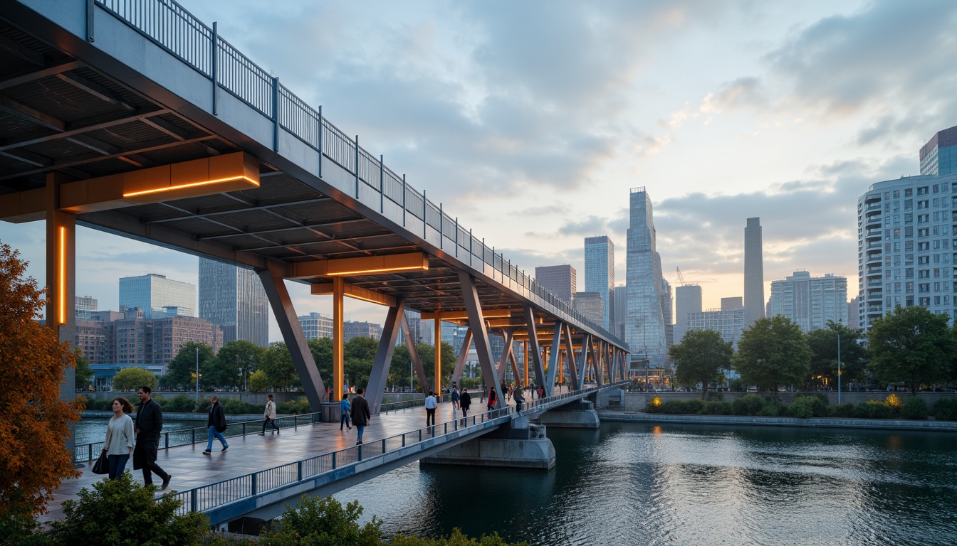 Prompt: Modern bridge, sleek metal structures, bold angular lines, vibrant color scheme, neon lights, urban cityscape, misty morning atmosphere, soft warm lighting, shallow depth of field, 3/4 composition, panoramic view, realistic textures, ambient occlusion, silver-gray steel beams, bright orange accents, deep blue railings, gleaming white pedestrian paths, lush greenery surroundings, calm river waters, sunny day, dramatic cloud formations.