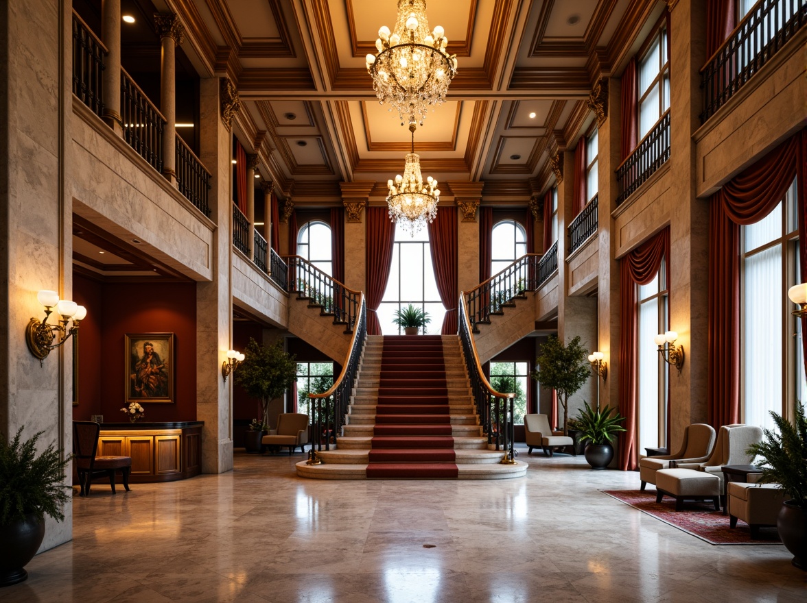 Prompt: Luxurious hotel lobby, marble floors, ornate chandeliers, grand staircase, velvet drapes, rich wood paneling, gilded frames, intricate moldings, crystal sconces, plush carpets, elegant furnishings, neoclassical architecture, symmetrical facade, Corinthian columns, arched windows, rusticated stone walls, warm golden lighting, soft focus, shallow depth of field, 2/3 composition, realistic textures, ambient occlusion.