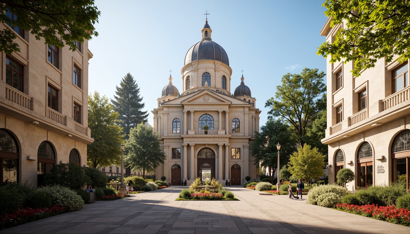 Prompt: Grandiose church facade, ornate stone carvings, symmetrical architecture, majestic dome, intricate stained glass windows, elegant arches, Corinthian columns, ornamental balustrades, serene courtyard, lush greenery, vibrant flowers, natural stone walkways, historic landmark, cultural heritage site, warm sunny day, soft warm lighting, shallow depth of field, 3/4 composition, panoramic view, realistic textures, ambient occlusion.