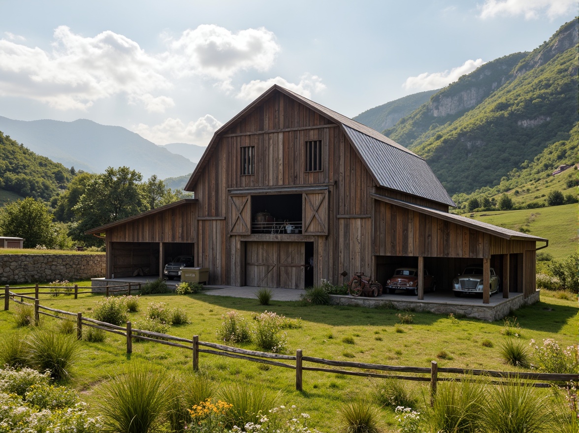 Prompt: Rustic barn, natural surroundings, rolling hills, lush green meadows, wildflowers, wooden fences, stone walls, earthy tones, weathered wood, corrugated metal roofs, sliding barn doors, hayloft windows, vintage farm equipment, rural landscape, serene atmosphere, warm sunlight, soft shadows, 1/1 composition, symmetrical framing, realistic textures, ambient occlusion.