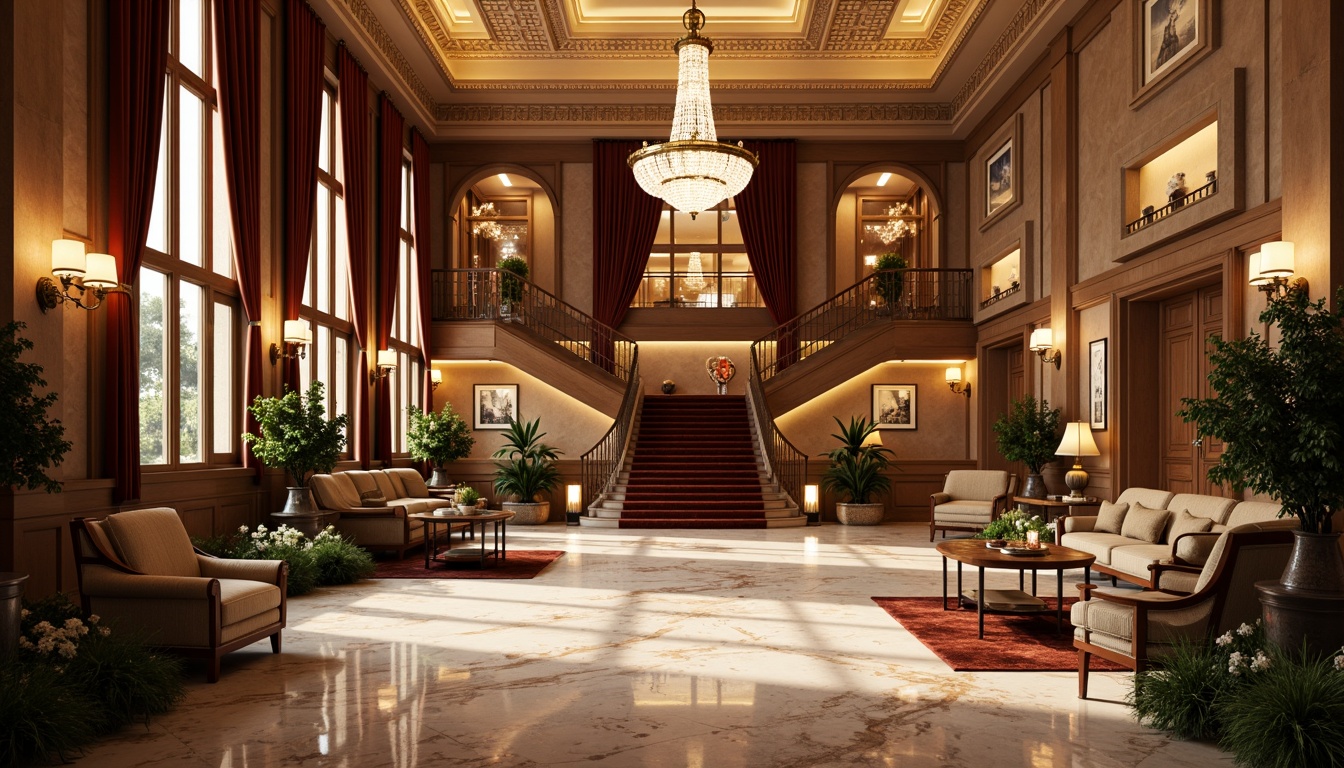 Prompt: Luxurious hotel lobby, marble floors, ornate chandeliers, grand staircase, velvet drapes, rich wood paneling, gilded frames, intricate moldings, crystal sconces, plush carpets, elegant furnishings, neoclassical architecture, symmetrical facade, Corinthian columns, arched windows, rusticated stone walls, warm golden lighting, soft focus, shallow depth of field, 2/3 composition, realistic textures, ambient occlusion.