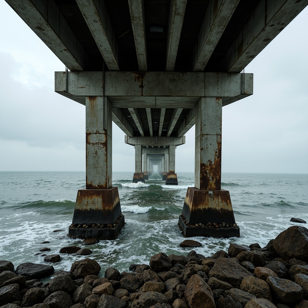 Prompt: Rugged coastal landscape, turbulent sea waves, misty ocean air, weathered steel beams, exposed concrete pillars, asymmetrical bridge design, fragmented structural elements, deconstructed arches, irregular shapes, distressed metal textures, rusted bolts, worn wooden planks, dramatic lighting effects, high contrast shadows, 1/2 composition, low-angle shot, cinematic atmosphere, realistic water simulations.