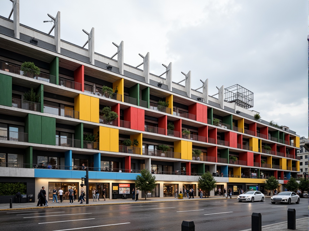 Prompt: Geometric stadium facade, bold primary colors, industrial materials, exposed steel beams, cantilevered roofs, asymmetrical compositions, functionalist aesthetics, minimalist ornamentation, rectangular forms, clean lines, brutalist influences, urban landscape, cloudy sky, dramatic lighting, high-contrast shadows, 1/2 composition, low-angle shot, realistic renderings, ambient occlusion.