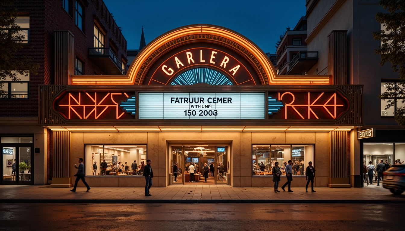 Prompt: Glamorous cinema facade, curved lines, metallic materials, neon lights, vibrant signage, retro-futuristic vibe, geometric patterns, bold typography, sleek glass surfaces, minimalist ornamentation, urban cityscape, bustling streets, nighttime atmosphere, warm golden lighting, shallow depth of field, 1/1 composition, cinematic camera angles, dramatic shadows, high-contrast colors.