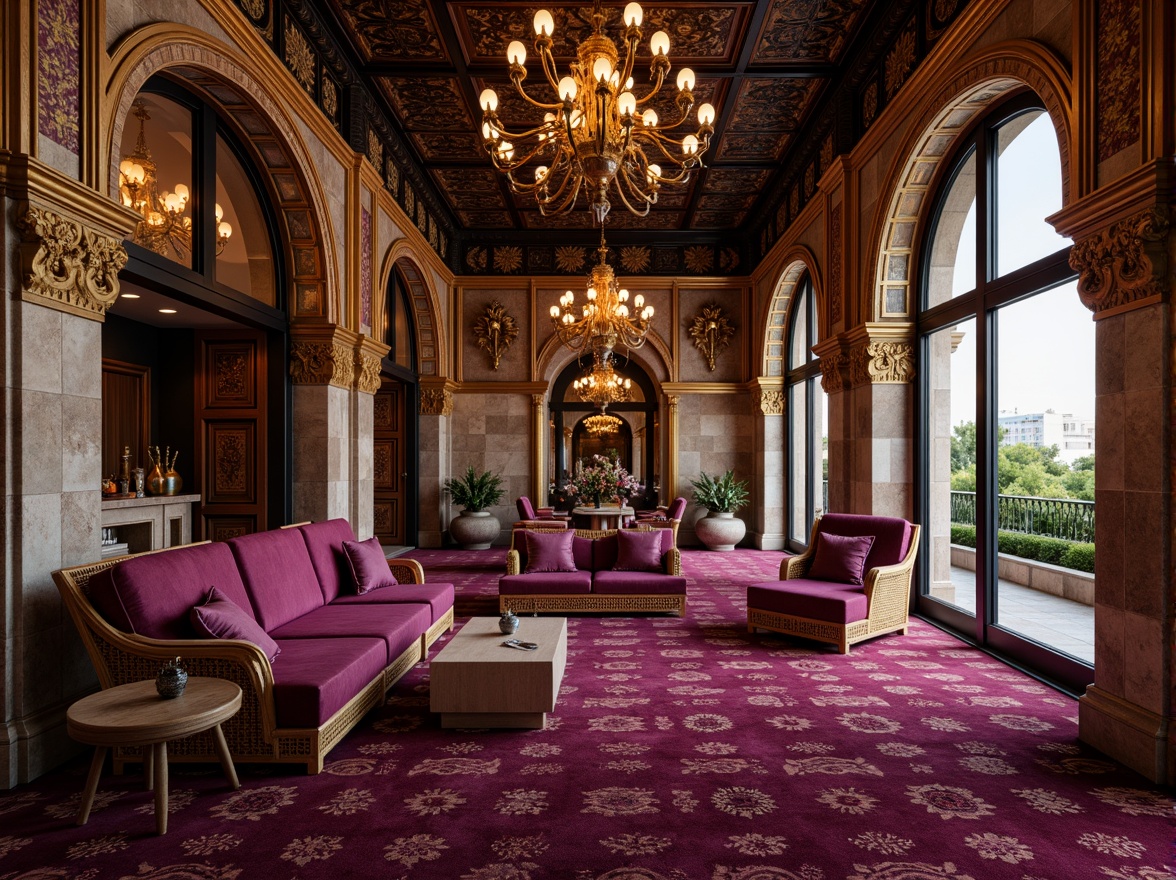 Prompt: Rich plum accents, luxurious velvet textures, ornate golden details, majestic archways, grandiose columns, lavish furnishings, opulent chandeliers, regal atmosphere, sophisticated color scheme, warm ambient lighting, shallow depth of field, 1/2 composition, realistic reflections, intricate patterns, Moorish-inspired architecture, exotic cultural influences, vibrant jewel-toned hues.