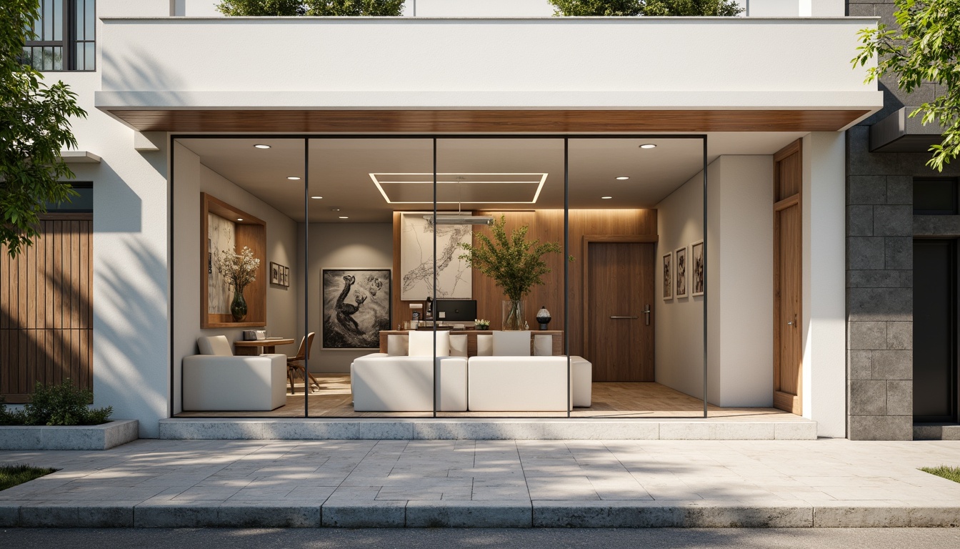 Prompt: Simple dental clinic facade, clean lines, minimal ornamentation, large glass windows, sliding doors, neutral color palette, white walls, wooden accents, subtle textures, natural stone flooring, modern LED lighting, soft warm ambiance, shallow depth of field, 1/1 composition, realistic reflections, ambient occlusion, urban cityscape, morning sunlight, gentle shadows.