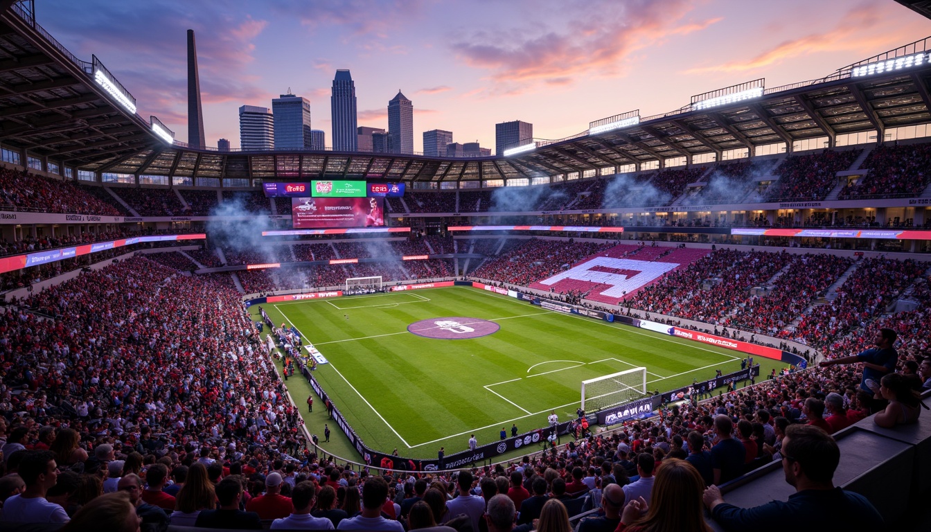 Prompt: Vibrant stadium atmosphere, energetic crowd, dynamic sports lighting, bold team colors, contrasting shades, gradient effects, metallic accents, sleek modern architecture, curved lines, geometric patterns, urban landscape, city skyline, evening sunset, warm golden hour, soft ambient glow, 1/2 composition, shallow depth of field, realistic textures, ambient occlusion.