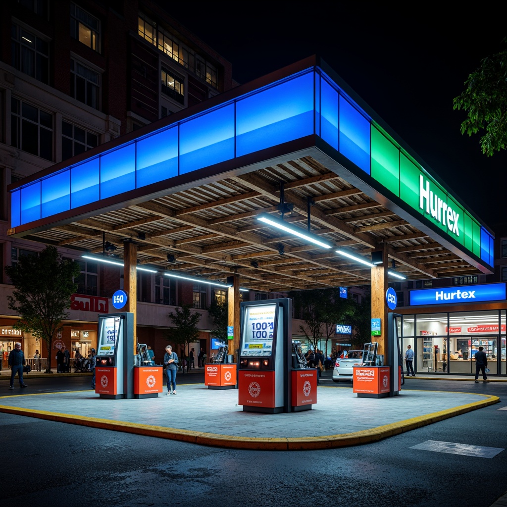 Prompt: Rustic gas station, industrial metal framework, corrugated steel roofs, concrete floors, neon signage, bold color schemes, futuristic fuel pumps, sleek LED lighting, modern minimalist design, urban cityscape, busy streets, vibrant night scenes, shallow depth of field, 1/1 composition, realistic textures, ambient occlusion.