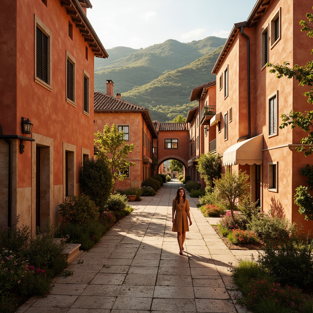 Prompt: Warm earthy tones, sienna red hues, natural terracotta shades, rustic stone walls, vintage Italian architecture, rolling Tuscan hills, sun-kissed landscapes, golden afternoon light, soft warm shadows, shallow depth of field, 1/2 composition, realistic textures, ambient occlusion, subtle color gradations, earthy scent, cozy atmosphere.