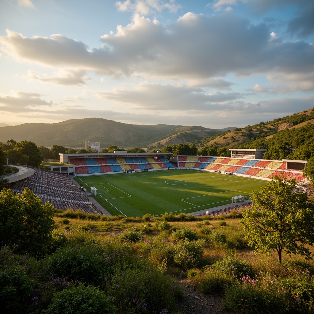 Prompt: Savanna landscape, lush green grass, scattered acacia trees, rolling hills, natural stone terracing, rustic wooden fences, soccer stadium architecture, curved grandstands, vibrant team colors, floodlighting, evening atmosphere, warm golden lighting, shallow depth of field, 3/4 composition, panoramic view, realistic textures, ambient occlusion, tropical plants, exotic flowers, meandering pathways, organic shapes, earthy tones, natural materials, eco-friendly design.