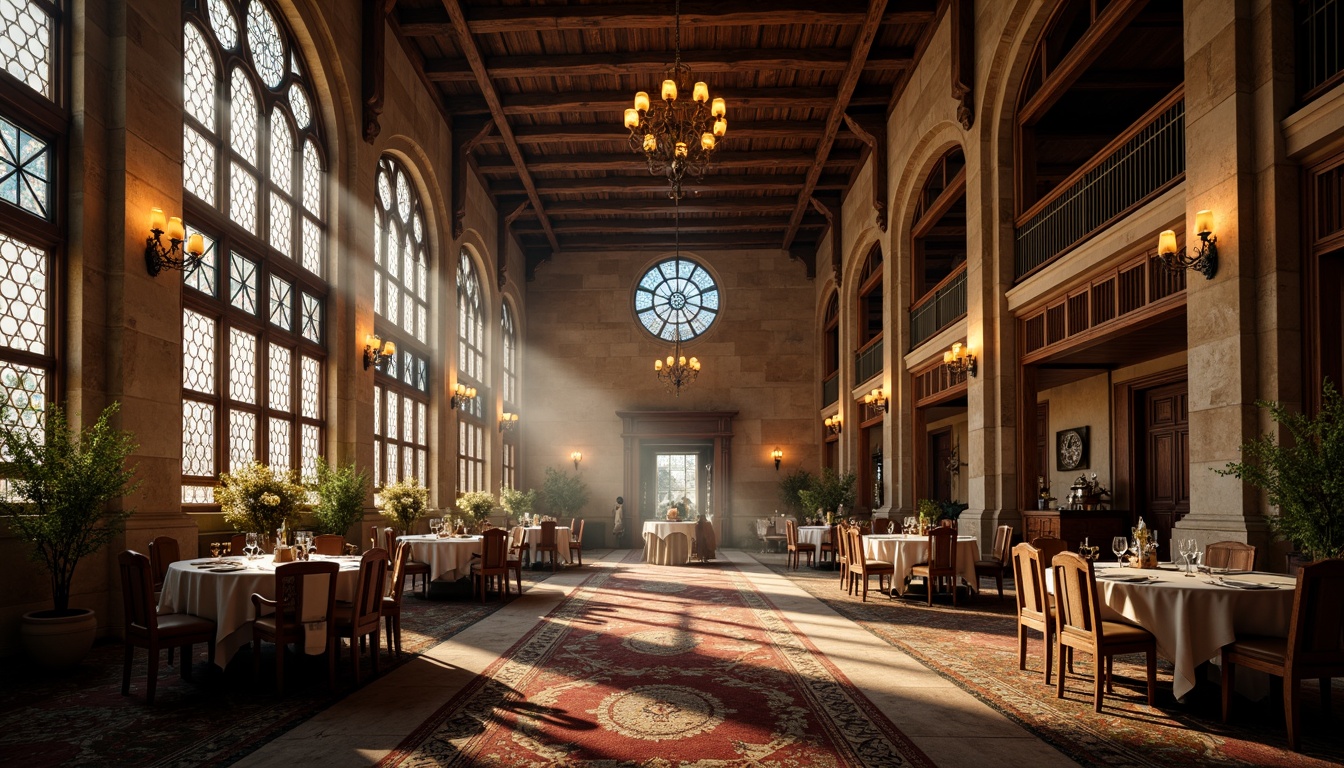 Prompt: Grand dining hall, ornate columns, rustic stone walls, vaulted ceilings, stained glass windows, warm candlelight, rich wood furnishings, elegant chandeliers, lavish textiles, intricate carvings, medieval-inspired architecture, robust archways, imposing pillars, dramatic verticality, atmospheric misting, soft warm lighting, 1/1 composition, realistic textures, ambient occlusion.