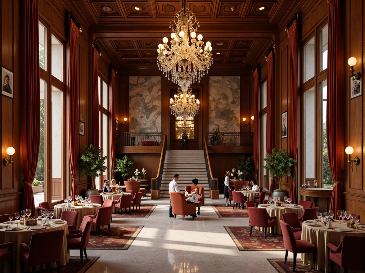 Prompt: Luxurious dining hall, rich wood paneling, velvet drapes, ornate chandeliers, marble flooring, metallic accents, plush furniture, natural stone walls, grand staircase, high ceilings, dramatic lighting, warm color palette, soft shadows, 1/1 composition, shallow depth of field, realistic textures, ambient occlusion.