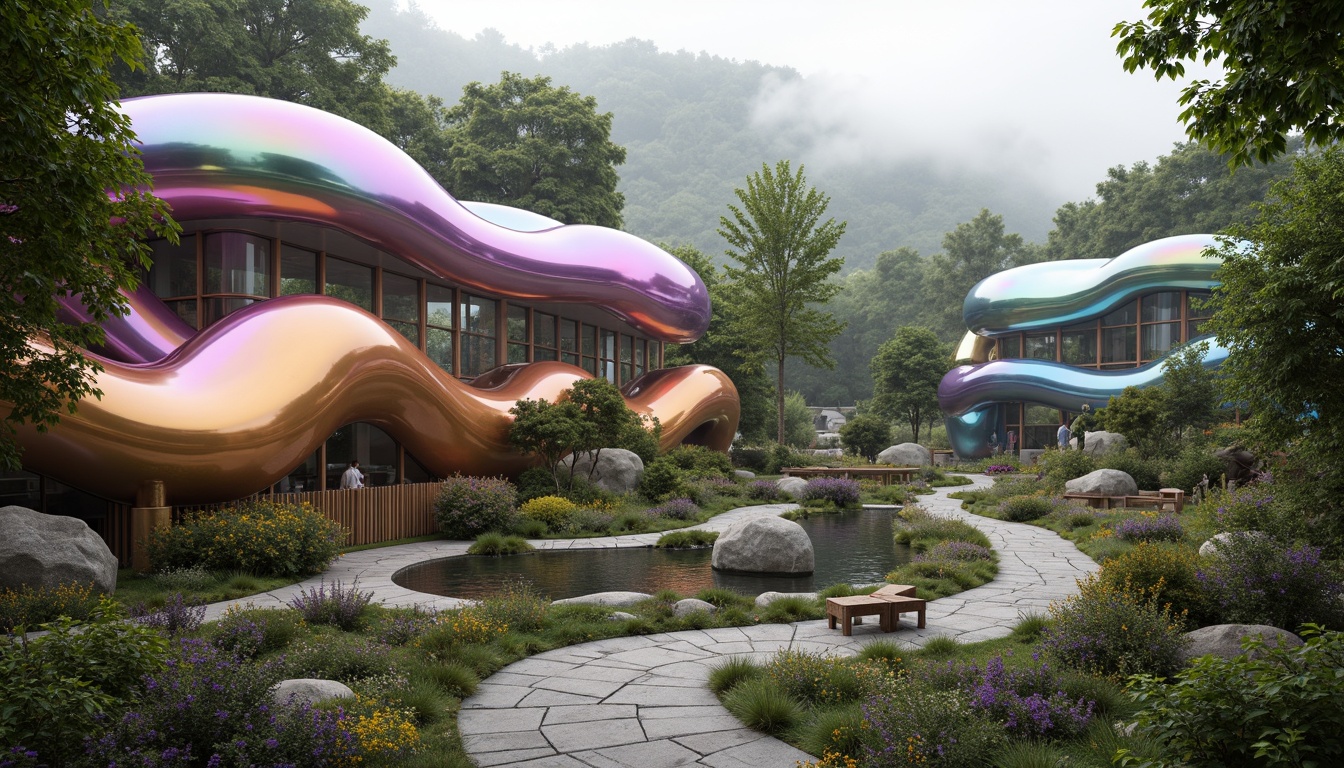 Prompt: Organic blob-shaped buildings, futuristic architecture, iridescent colors, glossy surfaces, undulating curves, natural stone foundations, lush green roofs, cascading water features, serene forest surroundings, misty atmosphere, soft warm lighting, shallow depth of field, 3/4 composition, panoramic view, realistic textures, ambient occlusion, vibrant floral arrangements, meandering pathways, rustic wooden benches, eclectic sculptures, whimsical street furniture.