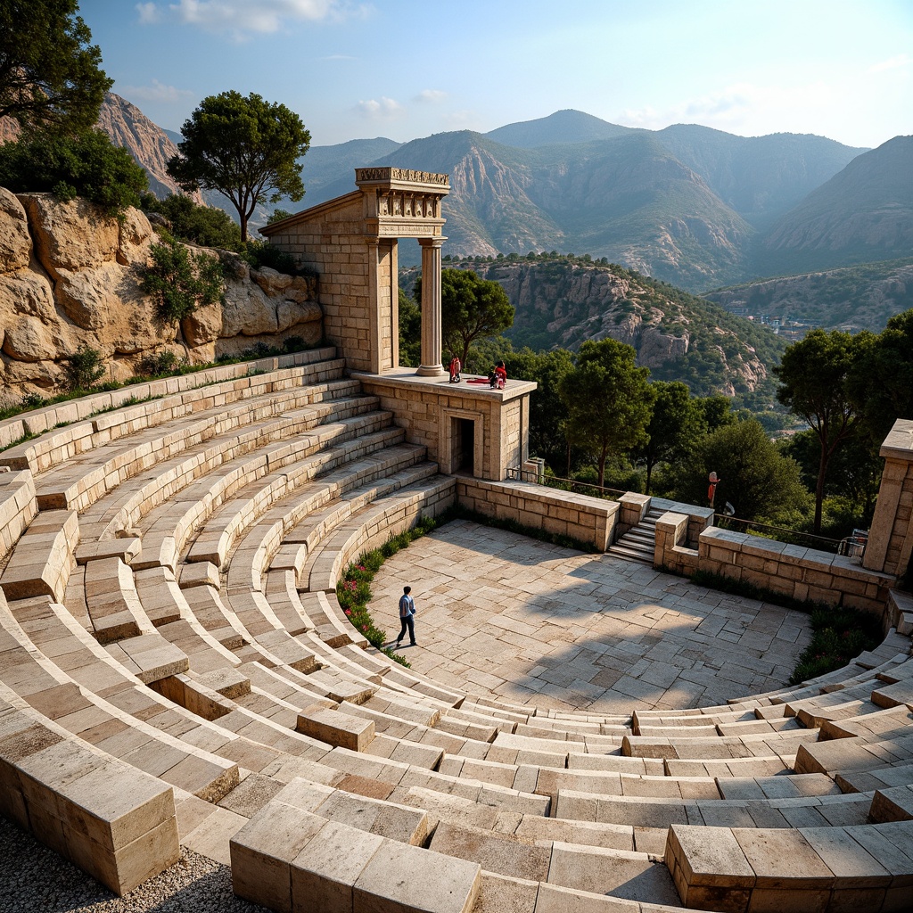 Prompt: Ancient Greek amphitheater, rustic stone seating, weathered wooden benches, natural rock formations, lush greenery surroundings, Mediterranean landscape, warm sunny day, soft diffused lighting, shallow depth of field, 3/4 composition, panoramic view, realistic textures, ambient occlusion, rough-hewn stone walls, ornate marble columns, intricate mosaic patterns, vibrant colorful textiles, comfortable cushioning, ergonomic seating design.