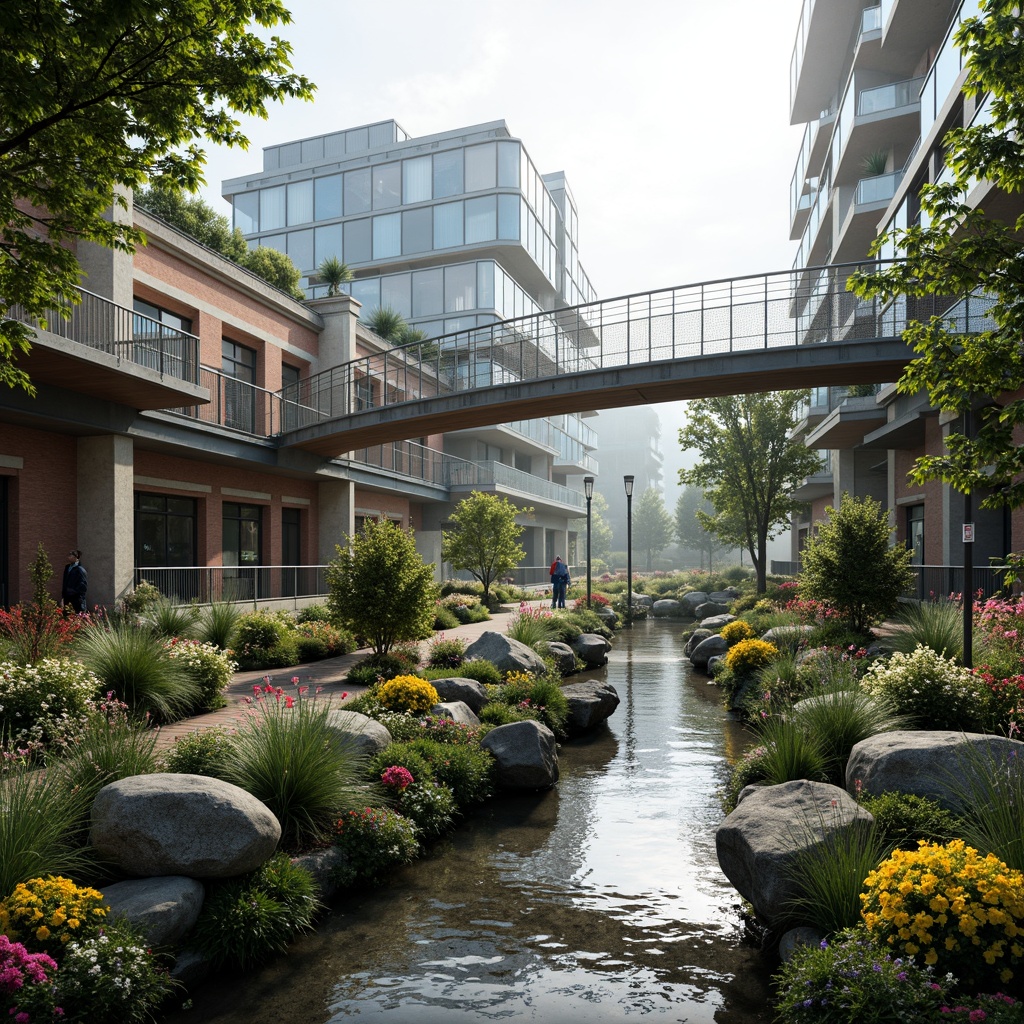 Prompt: Curved pedestrian bridge, postmodern architecture, vibrant urban landscape, lush greenery, blooming flowers, meandering water features, natural stone walls, steel cable railings, wooden decking, modern streetlights, eclectic mix of materials, bold color schemes, playful geometric shapes, dynamic lighting effects, misty morning atmosphere, shallow depth of field, 1/2 composition, realistic textures, ambient occlusion.