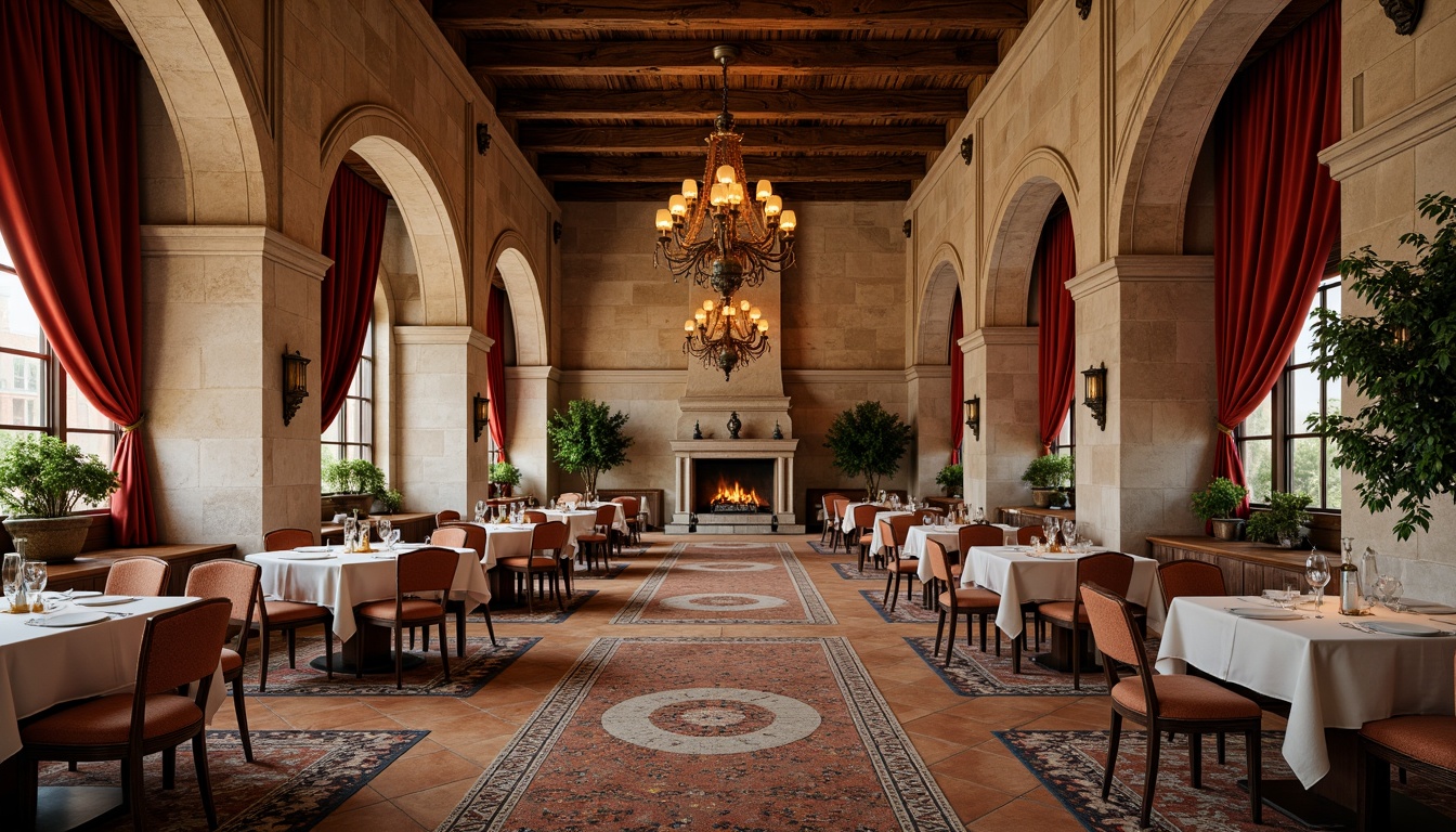 Prompt: Grand dining hall, Romanesque style architecture, majestic arches, vaulted ceilings, ornate columns, rustic stone walls, warm golden lighting, elegant chandeliers, refined wooden furniture, luxurious velvet drapes, intricate mosaic floors, richly patterned rugs, lavish greenery, natural stone fireplaces, cozy nooks, dramatic high ceilings, symmetrical composition, soft warm color palette, realistic textures, ambient occlusion.