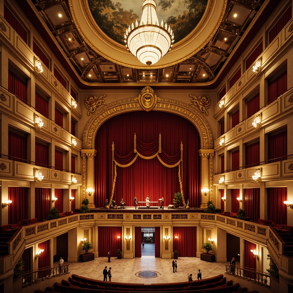 Prompt: Grand opera house, ornate details, lavish chandeliers, red velvet curtains, gilded balconies, marble floors, intricate moldings, Baroque-inspired architecture, sweeping staircases, majestic high ceilings, crystal sconces, luxurious textiles, rich wood tones, dramatic spotlights, warm golden lighting, shallow depth of field, 1/2 composition, symmetrical framing, realistic reflections, ambient occlusion.