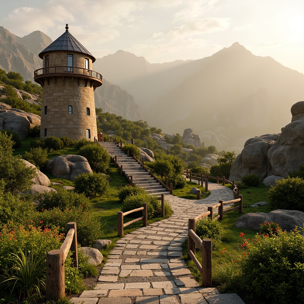 Prompt: Rustic sandstone watching tower, winding stone staircases, lush greenery, vibrant wildflowers, meandering gravel paths, natural rock formations, weathered wooden benches, scenic lookout points, panoramic views, warm golden lighting, soft focus, shallow depth of field, 2/3 composition, atmospheric mist, realistic textures, ambient occlusion.