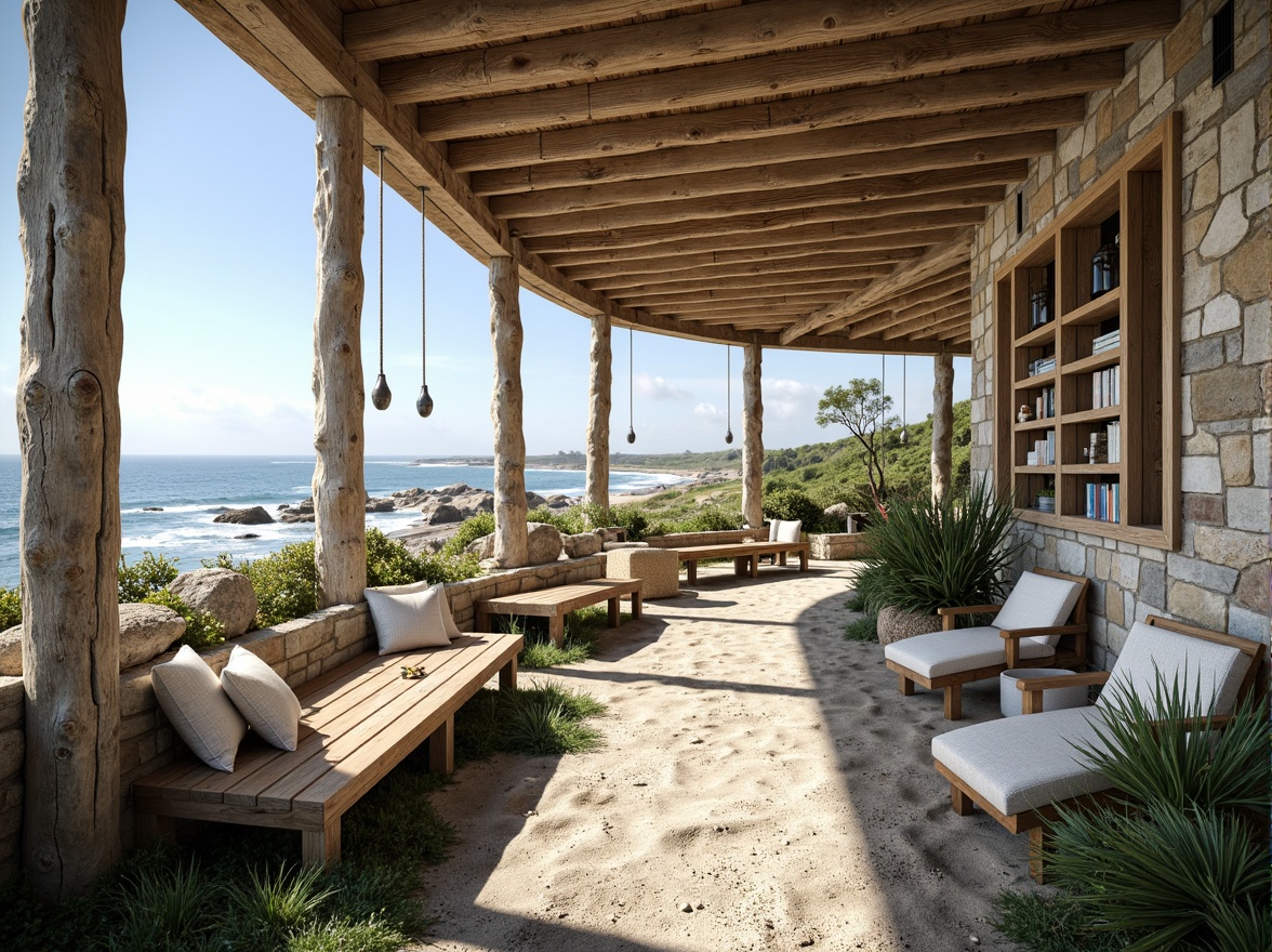 Prompt: Seaside library, driftwood benches, weathered stone walls, coastal vegetation, succulent plants, sandy pathways, ocean views, large windows, natural light, minimalist decor, nautical accents, wooden bookshelves, comfortable reading nooks, soft blue-green color scheme, calming atmosphere, gentle sea breeze, sound of waves, 1/1 composition, shallow depth of field, warm sunny day, realistic textures, ambient occlusion.